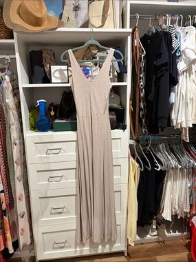 Adrienne Vittadini Sleeveless V-Neck Maxi Dress in Light Beige